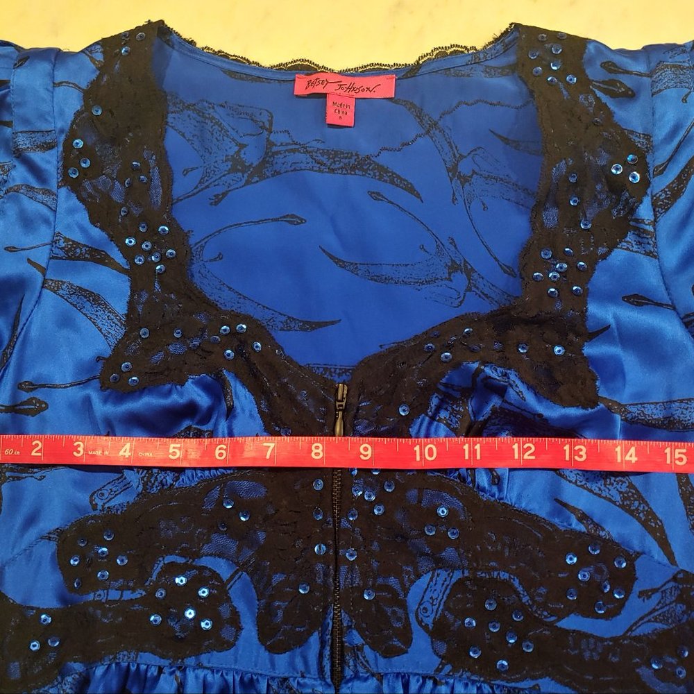 Betsey Johnson Blue and Black Lace-Trim Fit & Flare Pterodactyl Dress - Picture 8 of 9